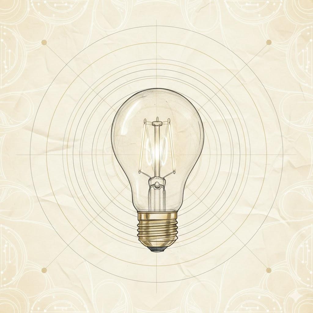 Blueprint illustration of a lightbulb with faded edges on a cream parchment background.