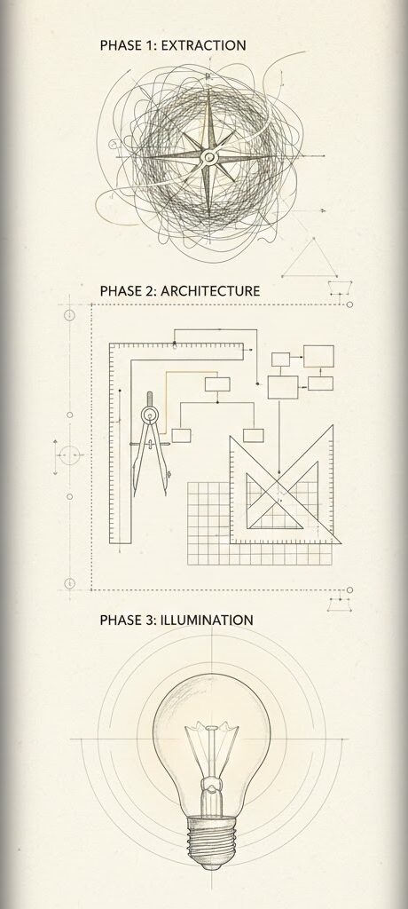 A tall, architectural sketch on cream parchment showing a journey from a chaotic mess of lines to a structured grid and finally a glowing vintage lightbulb.