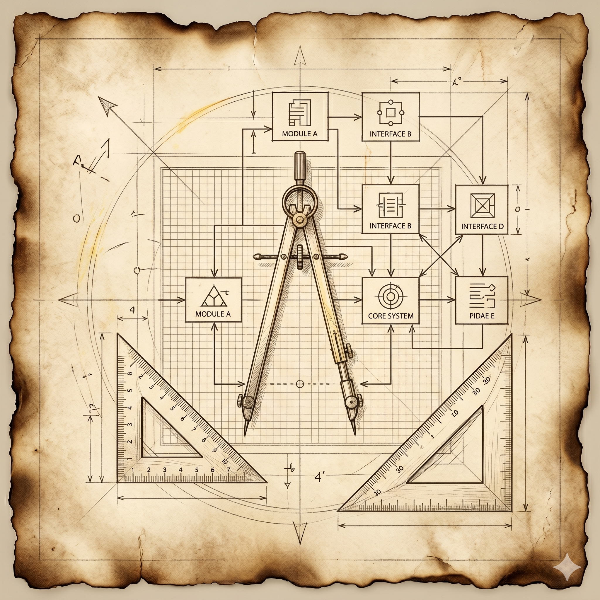 parchment paper with drafting tools to symbolize creation of ideas and blueprint of concepts<br />
